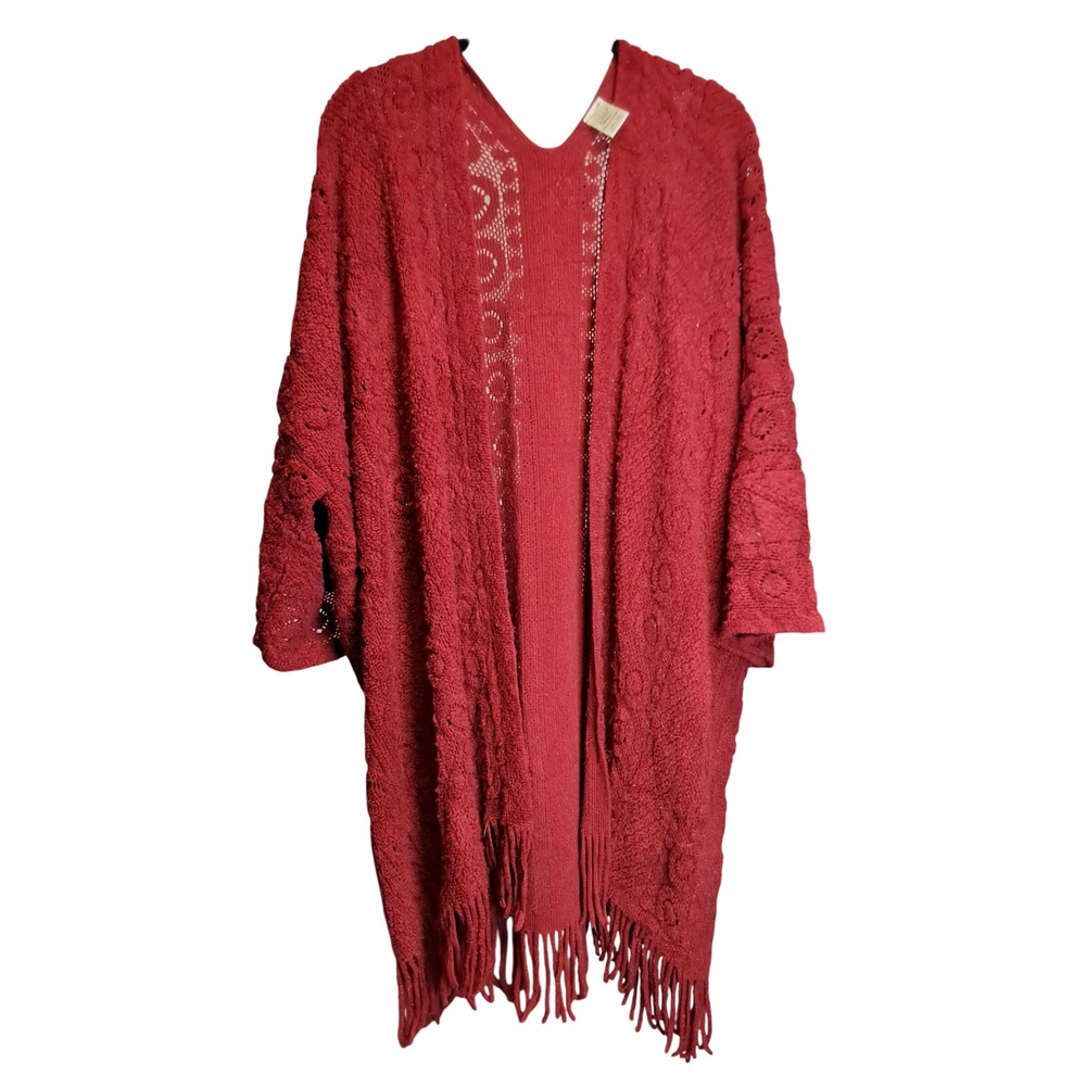Lildy Women Wine Red Crochet Fringe Kimono Cardigan Duster L-XL Boho Open Front - Picture 2 of 5